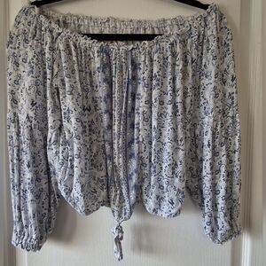 Hollister Small Bishop Sleeve Off Shoulder‎ Floral Crop Cottage core Tie Blouse
